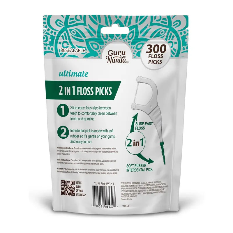 Gurunanda 2 in 1 Dental Floss Picks with Interdental Pick, Complete Oral Care for Healthy Teeth & Gums, Non-Slip Grip Handle, No Break or Shred Flosser, Mint Flavor, 300 Ct