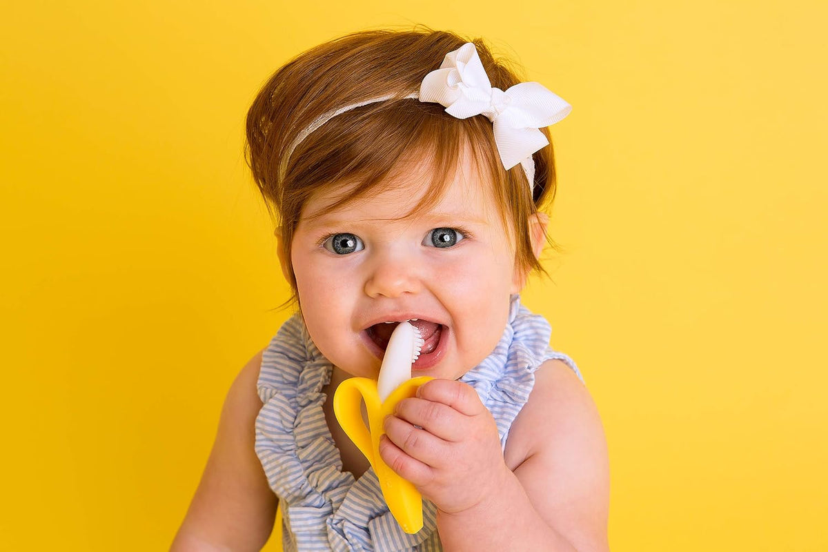 ® Yellow Toothbrush-Teether, Infant to Toddler, Made in USA, Butter-Soft Silicone, No Micro-Plastics, Bendable, Family-Owned Buisness since 2009, 11 Million+ Sold