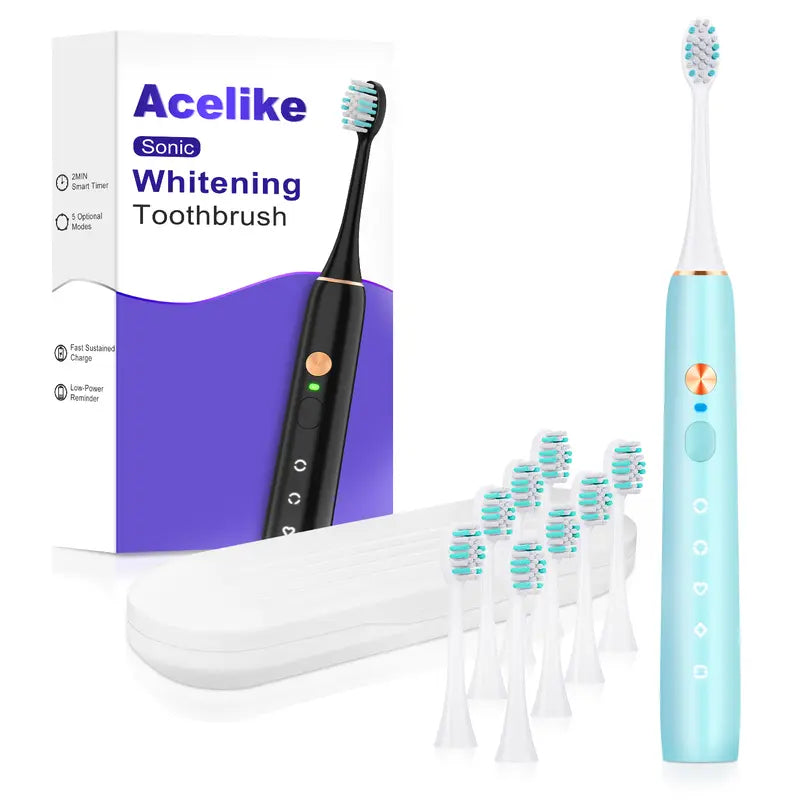 Acelike Plastic Body Rechargeable Sonic Electric Toothbrush Oral Care Kit - Cordless Power Toothbrush with 8 Brush Heads, 5 Cleaning Modes, Timer Function, Travel Case, Storage for Home Teeth Cleaning, Plaque Removal