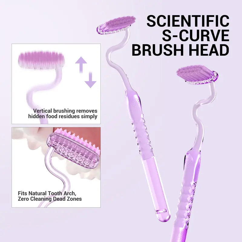 CEELIKE S-Shaped Oral Toothbrush 2-Pcs Set - Ergonomic Curved Plastic Handle, Soft Bristles for Deep Teeth Cleaning, Back Teeth Reach, Unscented Non-Mechanical Dental Brushes for Adults' At-Home Daily Oral Care