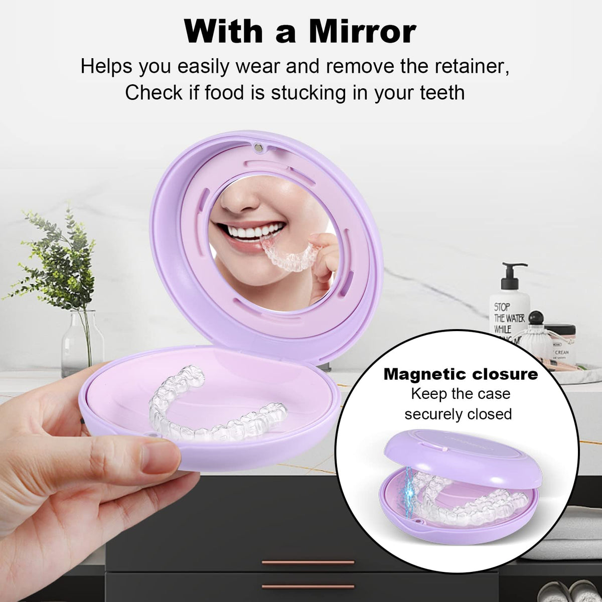 Retainer Case with Mirror, Compatible with Invisalign, Aligner - Purple