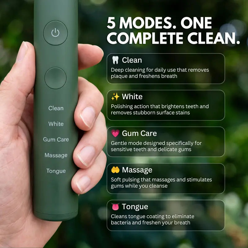 PRIMALS Boar Bristle Electric Toothbrush - Bamboo Heads, No Microplastics, Low EMF Sonic Technology, Includes 2 Replacement Heads and Wireless Charging Port