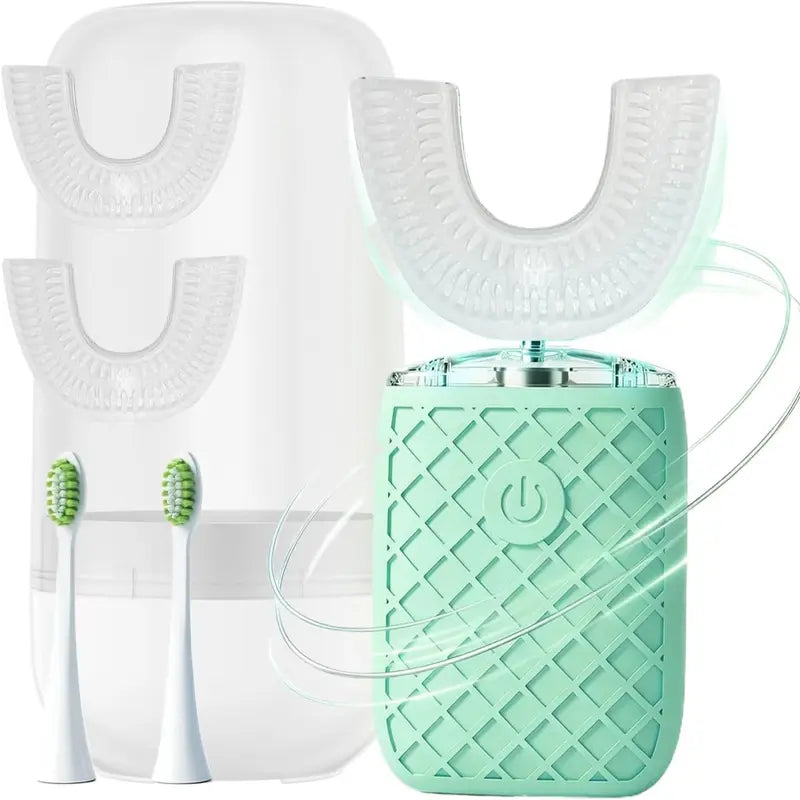 YEKLIKE Adult Cordless Sonic U-Shaped Electric Toothbrush, Cleansing Teeth Cleaner with Dupont Rounded-Tip Bristles, 360° Plaque Removal, 45 Sec Timer, IPX7 Waterproof Rechargeable, 3 U-Shape & 2 Straight Brush Heads (Pink-Cup, Gingivitis Prevention)
