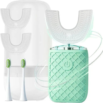 YEKLIKE Adult Cordless Sonic U-Shaped Electric Toothbrush, Cleansing Teeth Cleaner with Dupont Rounded-Tip Bristles, 360° Plaque Removal, 45 Sec Timer, IPX7 Waterproof Rechargeable, 3 U-Shape & 2 Straight Brush Heads (Pink-Cup, Gingivitis Prevention)