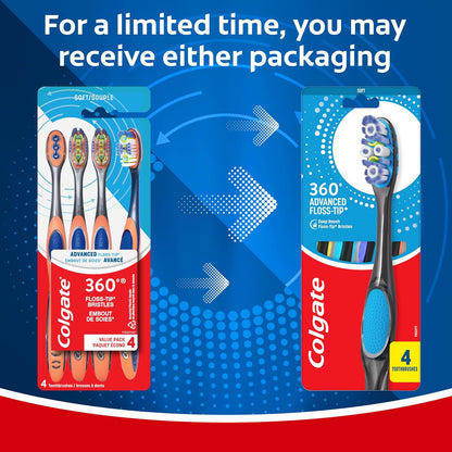 360 Floss-Tip Toothbrush Pack, Medium Adult Toothbrushes, 4 Pack