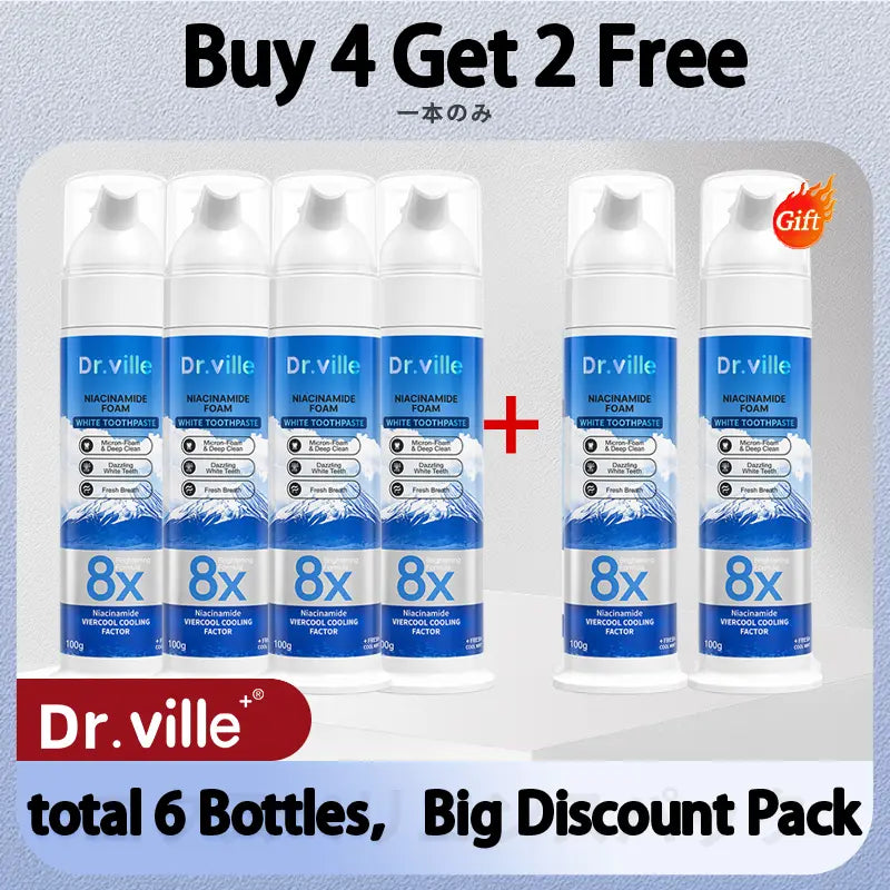 【Family Multi-Pack】Dr.Ville Niacinamide Foaming 8X Brightening Toothpaste, Bamboo & Peppermint Flavor, 100Ml-D, 36 Months/3 Years Shelf Life, Cleansing, Gentle Clean, No Harshness, Fresh Breath All Day, Teeth Whitening, Stain Removal, Daily Oral Care
