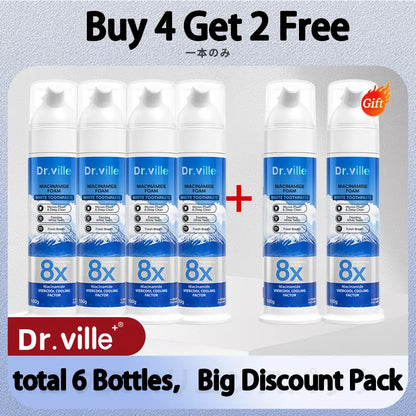 【Family Multi-Pack】Dr.Ville Niacinamide Foaming 8X Brightening Toothpaste, Bamboo & Peppermint Flavor, 100Ml-D, 36 Months/3 Years Shelf Life, Cleansing, Gentle Clean, No Harshness, Fresh Breath All Day, Teeth Whitening, Stain Removal, Daily Oral Care