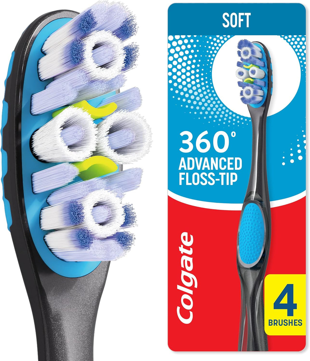 360 Floss-Tip Toothbrush Pack, Medium Adult Toothbrushes, 4 Pack