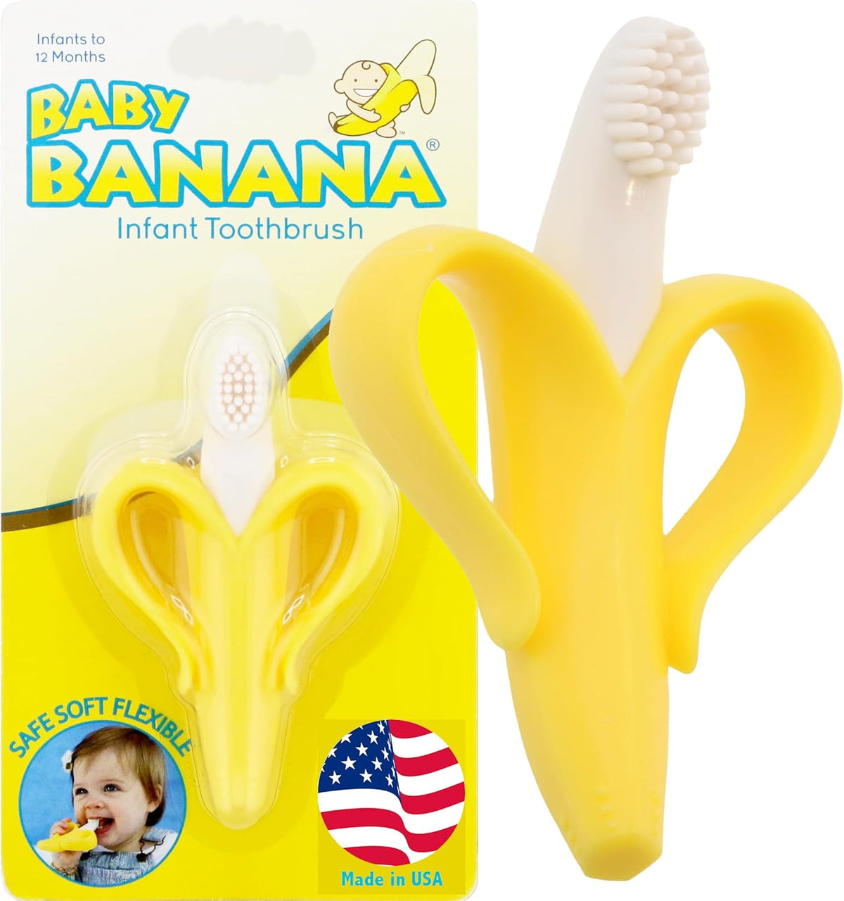 ® Yellow Toothbrush-Teether, Infant to Toddler, Made in USA, Butter-Soft Silicone, No Micro-Plastics, Bendable, Family-Owned Buisness since 2009, 11 Million+ Sold