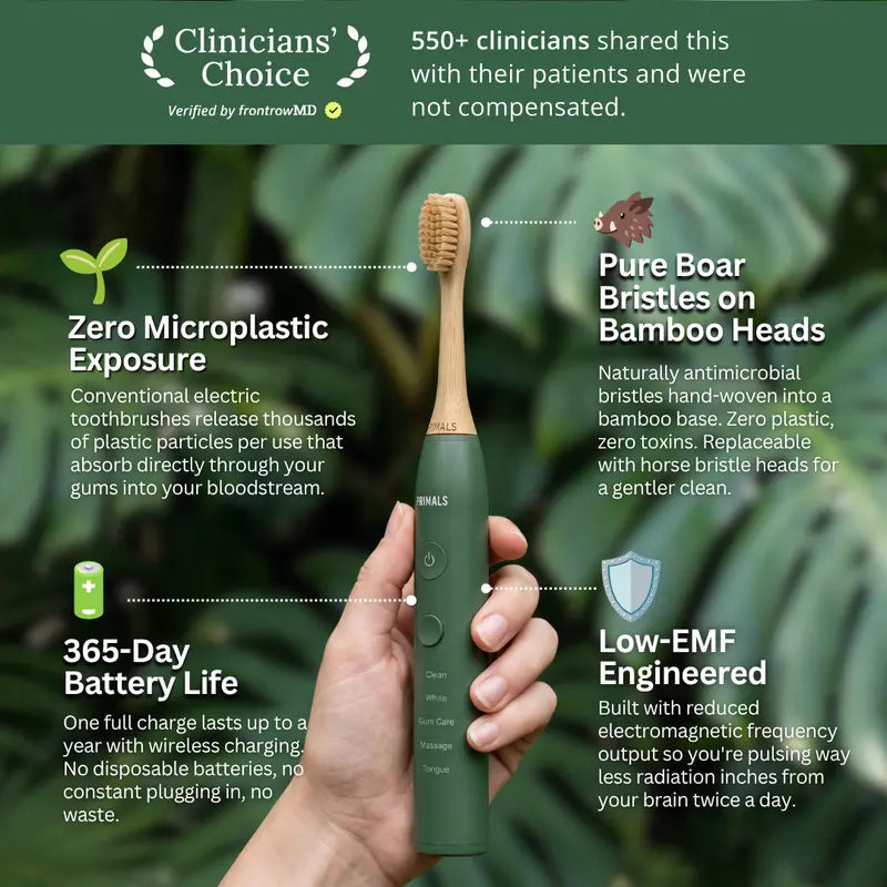 PRIMALS Boar Bristle Electric Toothbrush - Bamboo Heads, No Microplastics, Low EMF Sonic Technology, Includes 2 Replacement Heads and Wireless Charging Port