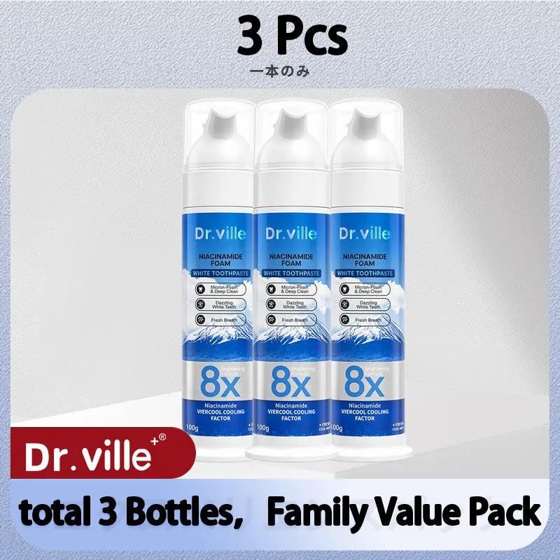 【Family Multi-Pack】Dr.Ville Niacinamide Foaming 8X Brightening Toothpaste, Bamboo & Peppermint Flavor, 100Ml-D, 36 Months/3 Years Shelf Life, Cleansing, Gentle Clean, No Harshness, Fresh Breath All Day, Teeth Whitening, Stain Removal, Daily Oral Care