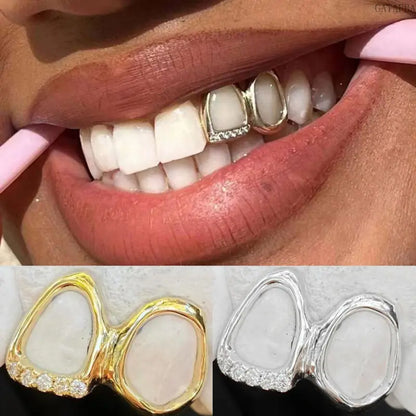 Double Hollow Grillz, Fully Encrusted Micro Pave Zircon, Stage Teeth Accessory Prop, Teeth Jewelry
