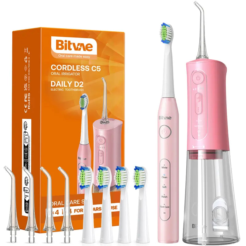 Bitvae C1/C5/C6 Cordless Plastic Oral Irrigator Flosser - Rechargeable (40-Day Battery Life Included), Powerful, IPX7 Waterproof, Adjustable Nozzle, USB Port, 60S Full Mouth Clean, Gum Health, Selfcare Dental Kit