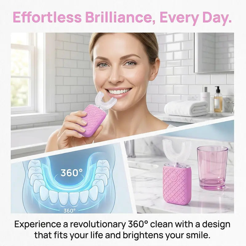 YEKLIKE Adult Cordless Sonic U-Shaped Electric Toothbrush, Cleansing Teeth Cleaner with Dupont Rounded-Tip Bristles, 360° Plaque Removal, 45 Sec Timer, IPX7 Waterproof Rechargeable, 3 U-Shape & 2 Straight Brush Heads (Pink-Cup, Gingivitis Prevention)