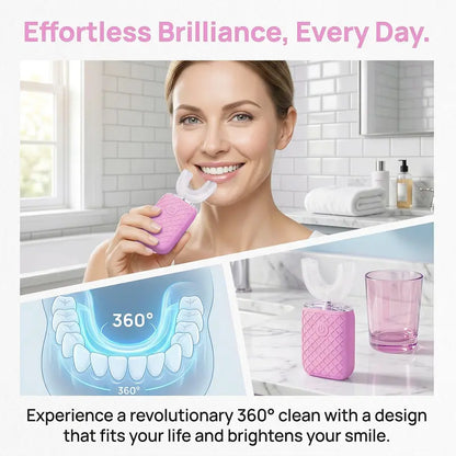 YEKLIKE Adult Cordless Sonic U-Shaped Electric Toothbrush, Cleansing Teeth Cleaner with Dupont Rounded-Tip Bristles, 360° Plaque Removal, 45 Sec Timer, IPX7 Waterproof Rechargeable, 3 U-Shape & 2 Straight Brush Heads (Pink-Cup, Gingivitis Prevention)