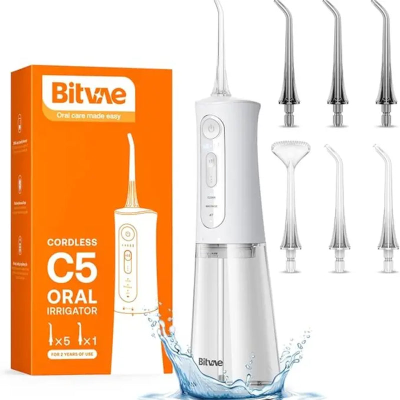 Bitvae C1/C5/C6 Cordless Plastic Oral Irrigator Flosser - Rechargeable (40-Day Battery Life Included), Powerful, IPX7 Waterproof, Adjustable Nozzle, USB Port, 60S Full Mouth Clean, Gum Health, Selfcare Dental Kit