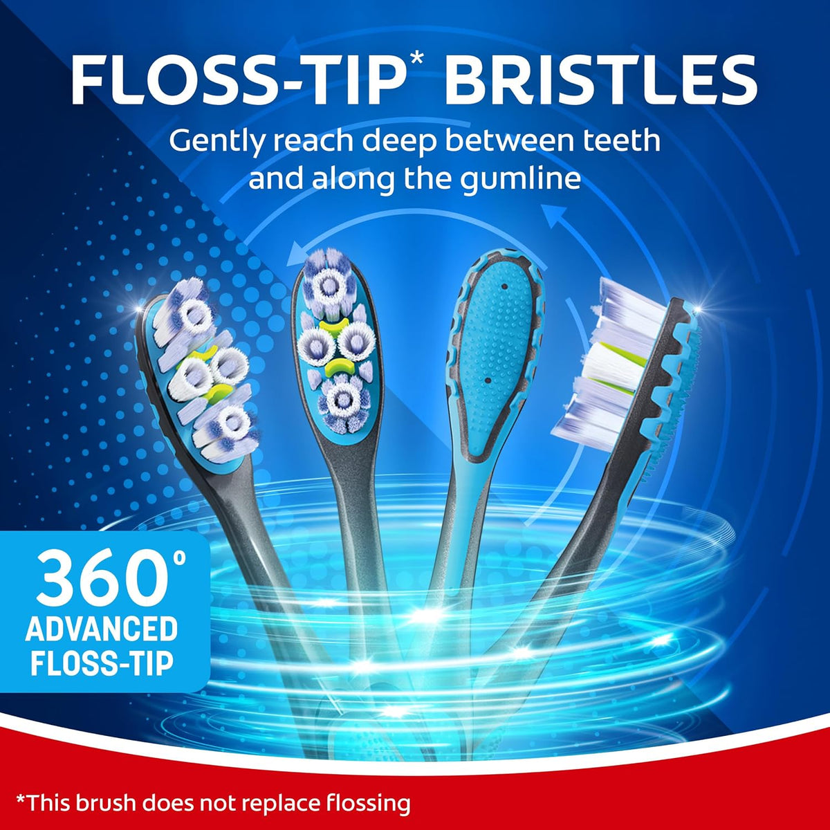 360 Floss-Tip Toothbrush Pack, Medium Adult Toothbrushes, 4 Pack
