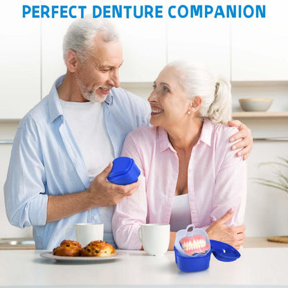 2 Pack Colors Denture Bath Case Cup Box Holder Storage Soak Container with Strainer Basket for Travel Cleaning (Light Blue and Blue)