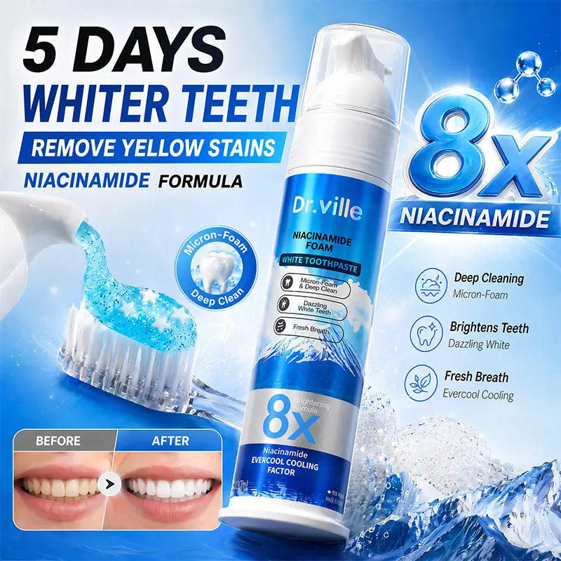 【Family Multi-Pack】Dr.Ville Niacinamide Foaming 8X Brightening Toothpaste, Bamboo & Peppermint Flavor, 100Ml-D, 36 Months/3 Years Shelf Life, Cleansing, Gentle Clean, No Harshness, Fresh Breath All Day, Teeth Whitening, Stain Removal, Daily Oral Care
