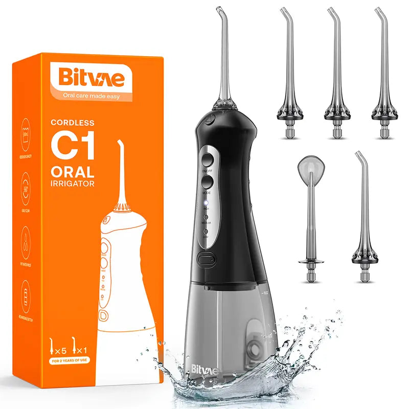 Bitvae C1/C5/C6 Cordless Plastic Oral Irrigator Flosser - Rechargeable (40-Day Battery Life Included), Powerful, IPX7 Waterproof, Adjustable Nozzle, USB Port, 60S Full Mouth Clean, Gum Health, Selfcare Dental Kit