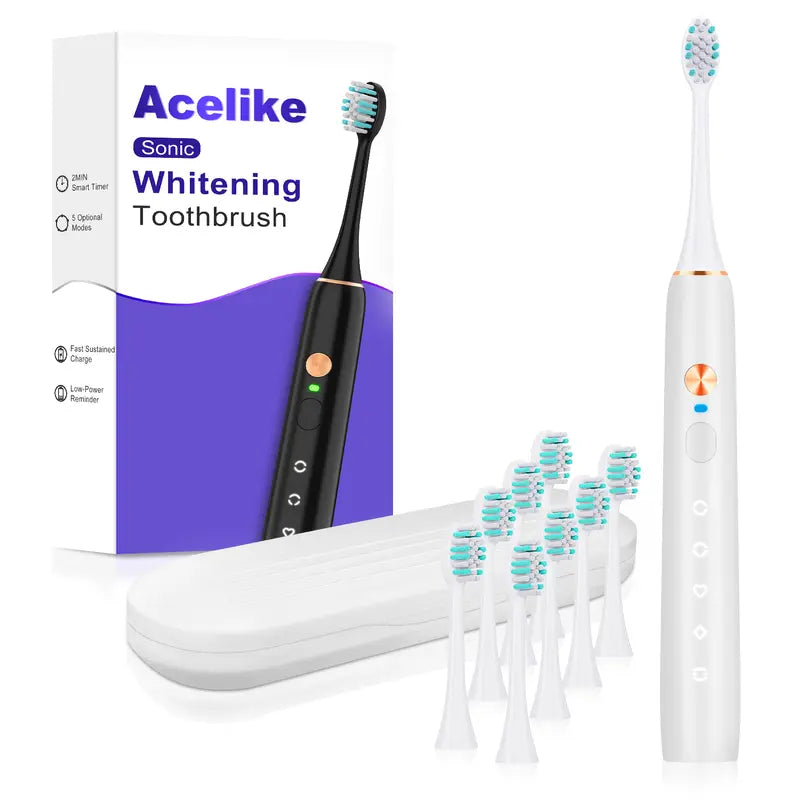 Acelike Plastic Body Rechargeable Sonic Electric Toothbrush Oral Care Kit - Cordless Power Toothbrush with 8 Brush Heads, 5 Cleaning Modes, Timer Function, Travel Case, Storage for Home Teeth Cleaning, Plaque Removal
