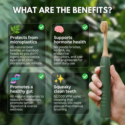 PRIMALS Boar Bristle Electric Toothbrush - Bamboo Heads, No Microplastics, Low EMF Sonic Technology, Includes 2 Replacement Heads and Wireless Charging Port
