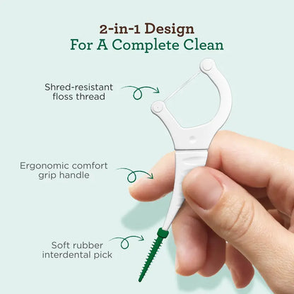 Gurunanda 2 in 1 Dental Floss Picks with Interdental Pick, Complete Oral Care for Healthy Teeth & Gums, Non-Slip Grip Handle, No Break or Shred Flosser, Mint Flavor, 300 Ct