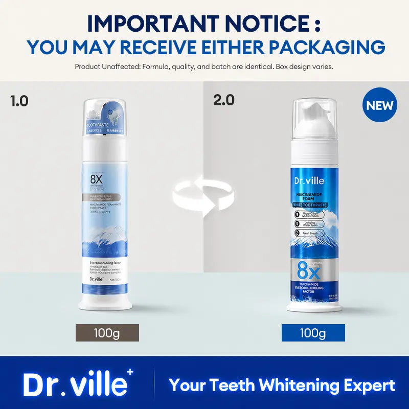 【Family Multi-Pack】Dr.Ville Niacinamide Foaming 8X Brightening Toothpaste, Bamboo & Peppermint Flavor, 100Ml-D, 36 Months/3 Years Shelf Life, Cleansing, Gentle Clean, No Harshness, Fresh Breath All Day, Teeth Whitening, Stain Removal, Daily Oral Care
