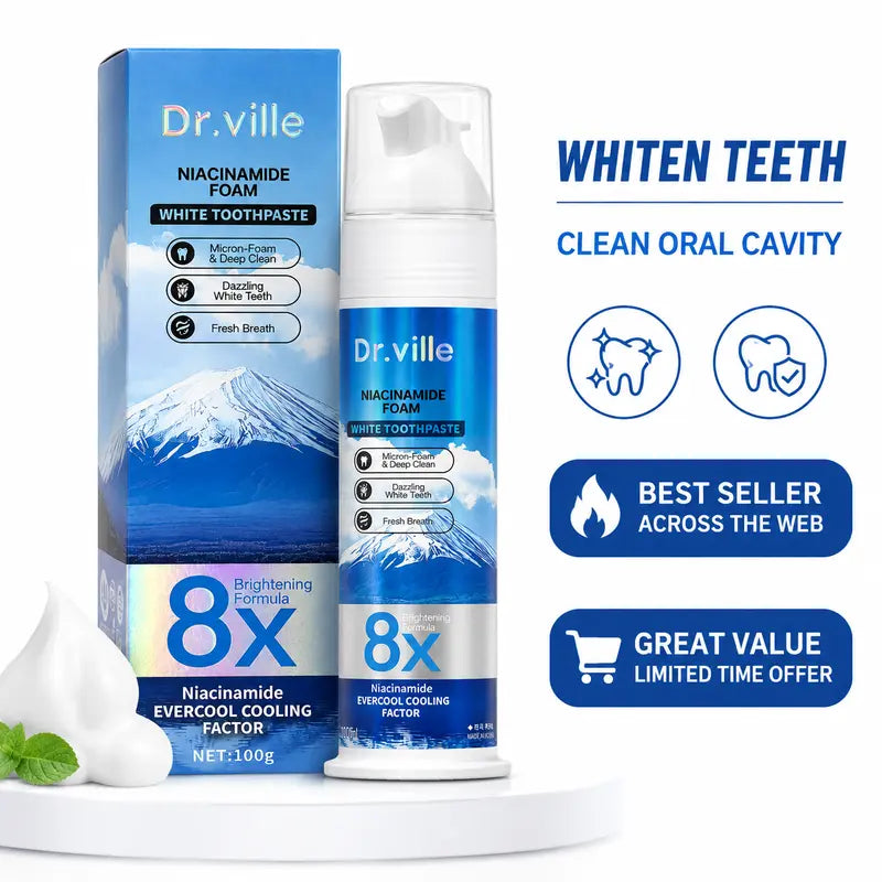 【Family Multi-Pack】Dr.Ville Niacinamide Foaming 8X Brightening Toothpaste, Bamboo & Peppermint Flavor, 100Ml-D, 36 Months/3 Years Shelf Life, Cleansing, Gentle Clean, No Harshness, Fresh Breath All Day, Teeth Whitening, Stain Removal, Daily Oral Care