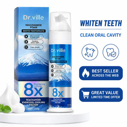 【Family Multi-Pack】Dr.Ville Niacinamide Foaming 8X Brightening Toothpaste, Bamboo & Peppermint Flavor, 100Ml-D, 36 Months/3 Years Shelf Life, Cleansing, Gentle Clean, No Harshness, Fresh Breath All Day, Teeth Whitening, Stain Removal, Daily Oral Care