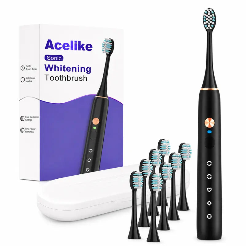 Acelike Plastic Body Rechargeable Sonic Electric Toothbrush Oral Care Kit - Cordless Power Toothbrush with 8 Brush Heads, 5 Cleaning Modes, Timer Function, Travel Case, Storage for Home Teeth Cleaning, Plaque Removal