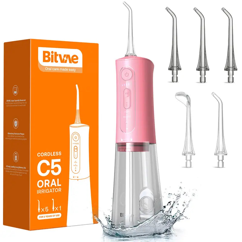 Bitvae C1/C5/C6 Cordless Plastic Oral Irrigator Flosser - Rechargeable (40-Day Battery Life Included), Powerful, IPX7 Waterproof, Adjustable Nozzle, USB Port, 60S Full Mouth Clean, Gum Health, Selfcare Dental Kit