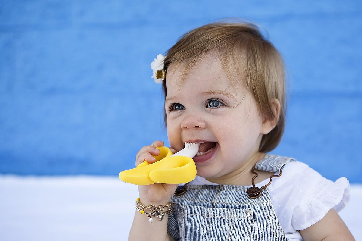 ® Yellow Toothbrush-Teether, Infant to Toddler, Made in USA, Butter-Soft Silicone, No Micro-Plastics, Bendable, Family-Owned Buisness since 2009, 11 Million+ Sold