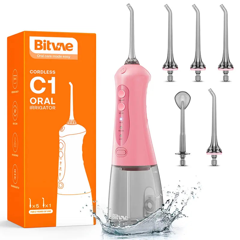 Bitvae C1/C5/C6 Cordless Plastic Oral Irrigator Flosser - Rechargeable (40-Day Battery Life Included), Powerful, IPX7 Waterproof, Adjustable Nozzle, USB Port, 60S Full Mouth Clean, Gum Health, Selfcare Dental Kit