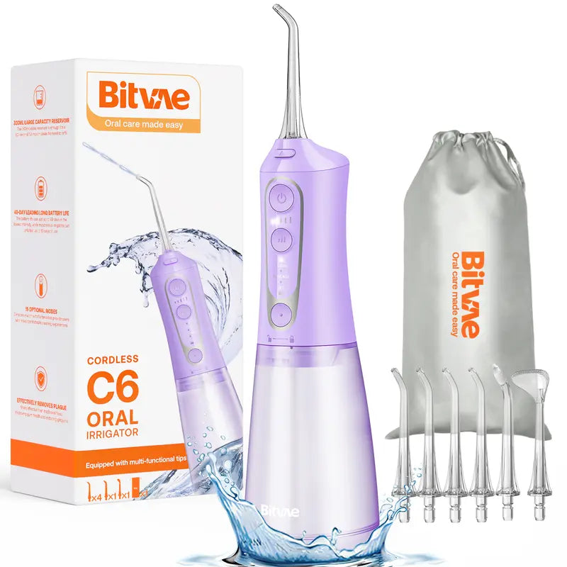 Bitvae C1/C5/C6 Cordless Plastic Oral Irrigator Flosser - Rechargeable (40-Day Battery Life Included), Powerful, IPX7 Waterproof, Adjustable Nozzle, USB Port, 60S Full Mouth Clean, Gum Health, Selfcare Dental Kit