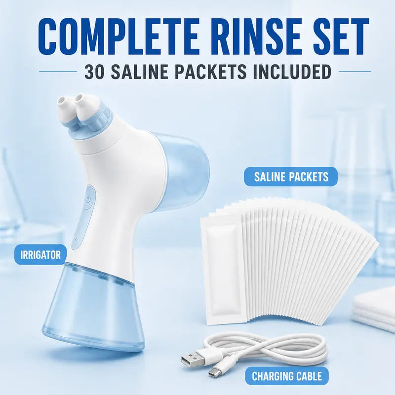 100% Authentic PHOFAY Medical Grade Nasal Irrigator, Dual-Powered Rechargeable Multi-User System with Adjustable Modes, 30 Unscented Saline Solution Packets, 2 Nose Pillow Sets, Gentle Formula Oral Silicone for Sinus Relief & Unscented Nasal Cleaning