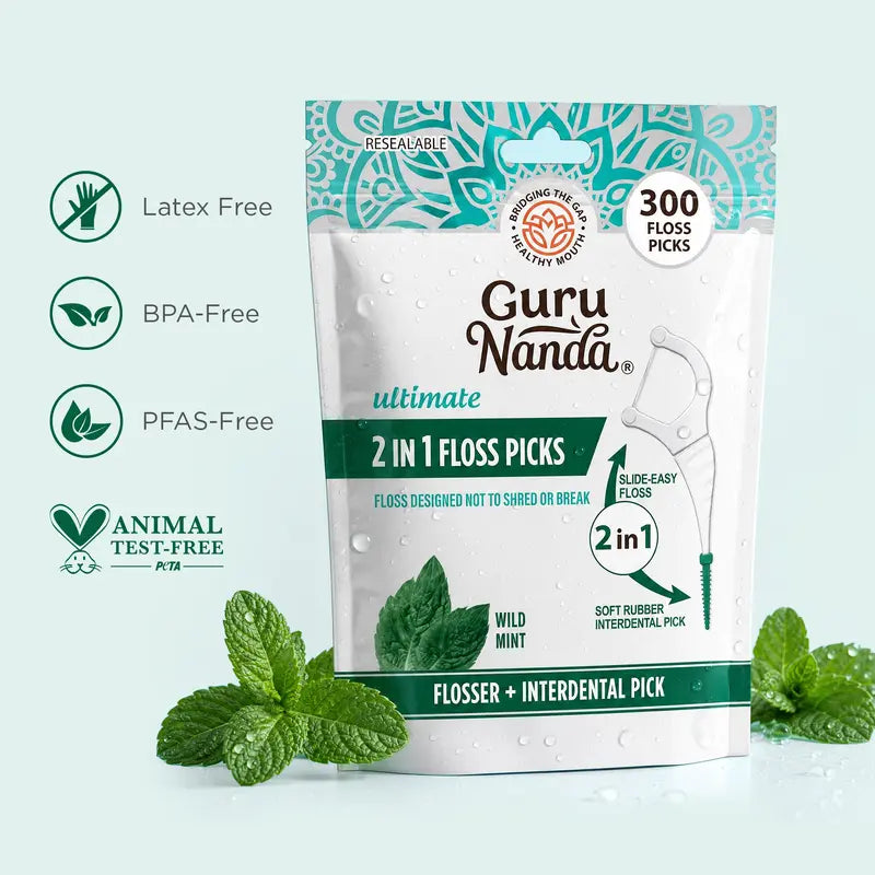 Gurunanda 2 in 1 Dental Floss Picks with Interdental Pick, Complete Oral Care for Healthy Teeth & Gums, Non-Slip Grip Handle, No Break or Shred Flosser, Mint Flavor, 300 Ct