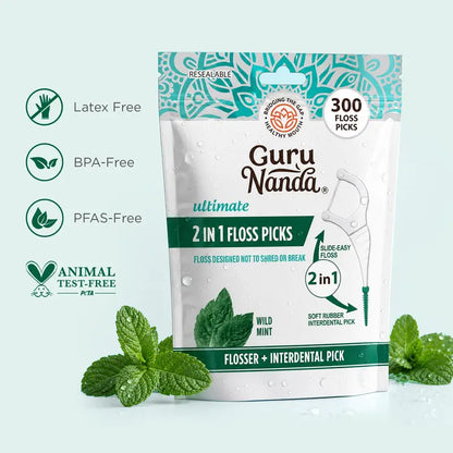Gurunanda 2 in 1 Dental Floss Picks with Interdental Pick, Complete Oral Care for Healthy Teeth & Gums, Non-Slip Grip Handle, No Break or Shred Flosser, Mint Flavor, 300 Ct
