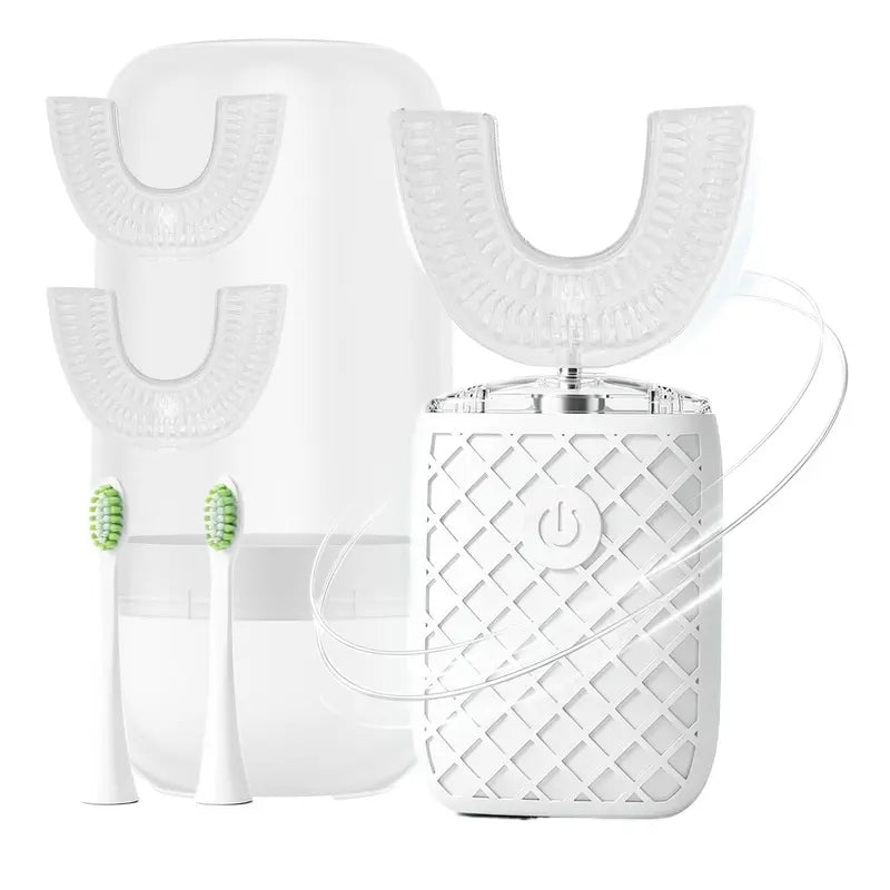 YEKLIKE Adult Cordless Sonic U-Shaped Electric Toothbrush, Cleansing Teeth Cleaner with Dupont Rounded-Tip Bristles, 360° Plaque Removal, 45 Sec Timer, IPX7 Waterproof Rechargeable, 3 U-Shape & 2 Straight Brush Heads (Pink-Cup, Gingivitis Prevention)