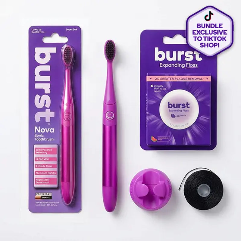 Cosmic Pink Nova Sonic Toothbrush Bundle- Includes AAA Battery Sonic Toothbrush, Wall Mount, Watermelon Mint Aroma Black Expanding Floss