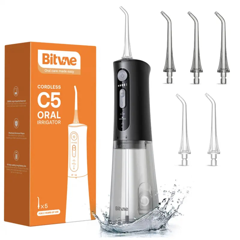 Bitvae C1/C5/C6 Cordless Plastic Oral Irrigator Flosser - Rechargeable (40-Day Battery Life Included), Powerful, IPX7 Waterproof, Adjustable Nozzle, USB Port, 60S Full Mouth Clean, Gum Health, Selfcare Dental Kit