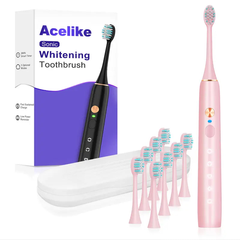Acelike Plastic Body Rechargeable Sonic Electric Toothbrush Oral Care Kit - Cordless Power Toothbrush with 8 Brush Heads, 5 Cleaning Modes, Timer Function, Travel Case, Storage for Home Teeth Cleaning, Plaque Removal