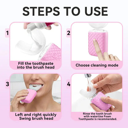 YEKLIKE Adult Cordless Sonic U-Shaped Electric Toothbrush, Cleansing Teeth Cleaner with Dupont Rounded-Tip Bristles, 360° Plaque Removal, 45 Sec Timer, IPX7 Waterproof Rechargeable, 3 U-Shape & 2 Straight Brush Heads (Pink-Cup, Gingivitis Prevention)