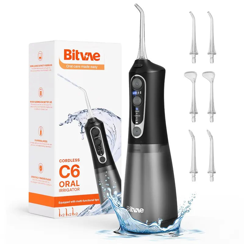 Bitvae C1/C5/C6 Cordless Plastic Oral Irrigator Flosser - Rechargeable (40-Day Battery Life Included), Powerful, IPX7 Waterproof, Adjustable Nozzle, USB Port, 60S Full Mouth Clean, Gum Health, Selfcare Dental Kit
