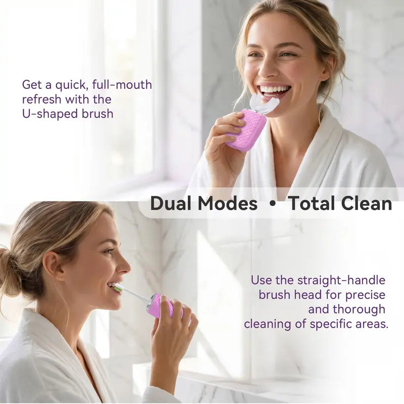 YEKLIKE Adult Cordless Sonic U-Shaped Electric Toothbrush, Cleansing Teeth Cleaner with Dupont Rounded-Tip Bristles, 360° Plaque Removal, 45 Sec Timer, IPX7 Waterproof Rechargeable, 3 U-Shape & 2 Straight Brush Heads (Pink-Cup, Gingivitis Prevention)
