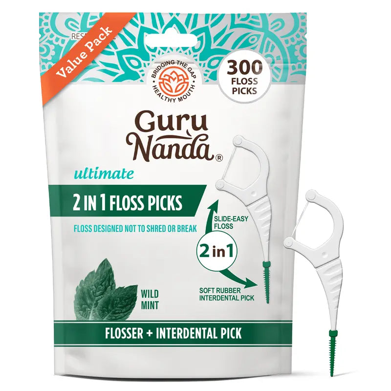 Gurunanda 2 in 1 Dental Floss Picks with Interdental Pick, Complete Oral Care for Healthy Teeth & Gums, Non-Slip Grip Handle, No Break or Shred Flosser, Mint Flavor, 300 Ct