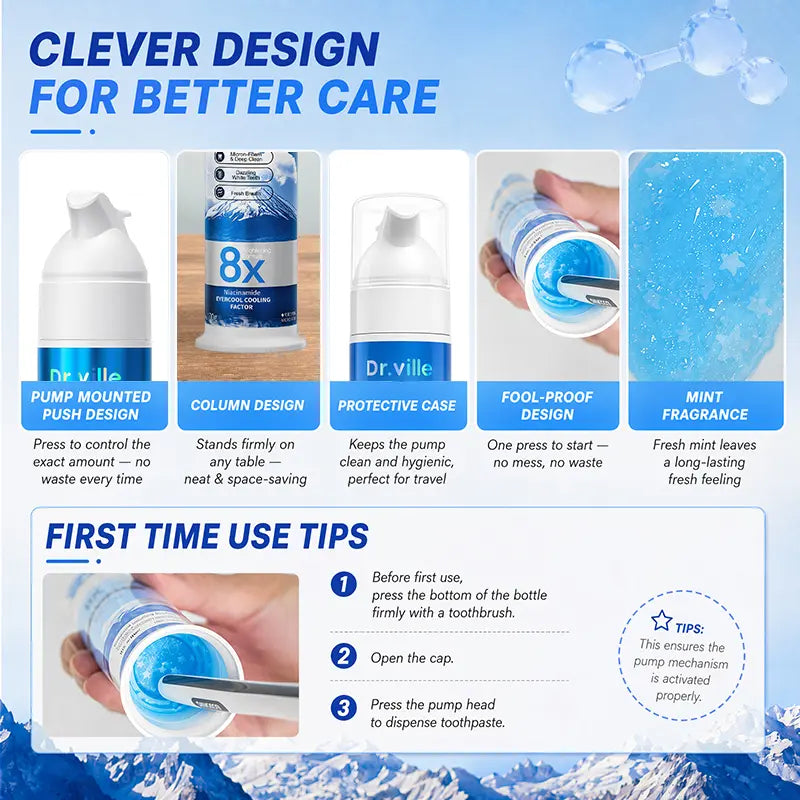 【Family Multi-Pack】Dr.Ville Niacinamide Foaming 8X Brightening Toothpaste, Bamboo & Peppermint Flavor, 100Ml-D, 36 Months/3 Years Shelf Life, Cleansing, Gentle Clean, No Harshness, Fresh Breath All Day, Teeth Whitening, Stain Removal, Daily Oral Care