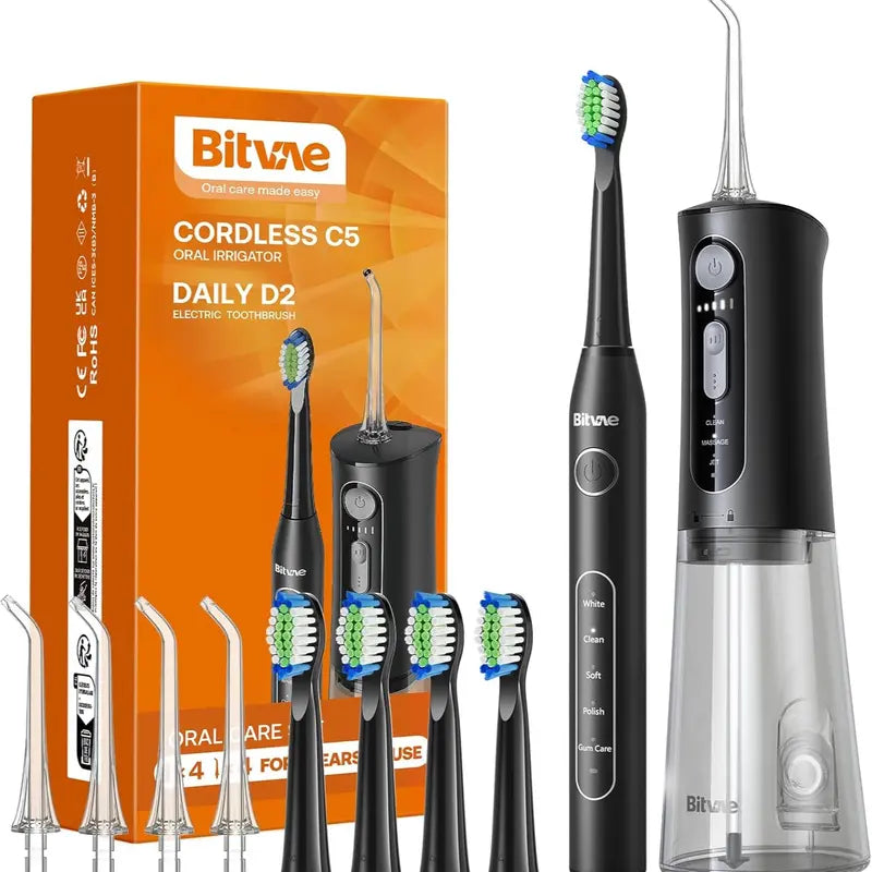 Bitvae C1/C5/C6 Cordless Plastic Oral Irrigator Flosser - Rechargeable (40-Day Battery Life Included), Powerful, IPX7 Waterproof, Adjustable Nozzle, USB Port, 60S Full Mouth Clean, Gum Health, Selfcare Dental Kit
