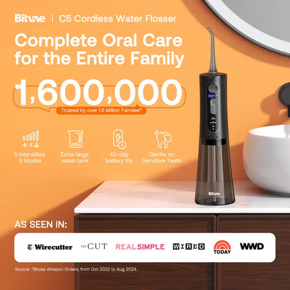 Bitvae C1/C5/C6 Cordless Plastic Oral Irrigator Flosser - Rechargeable (40-Day Battery Life Included), Powerful, IPX7 Waterproof, Adjustable Nozzle, USB Port, 60S Full Mouth Clean, Gum Health, Selfcare Dental Kit