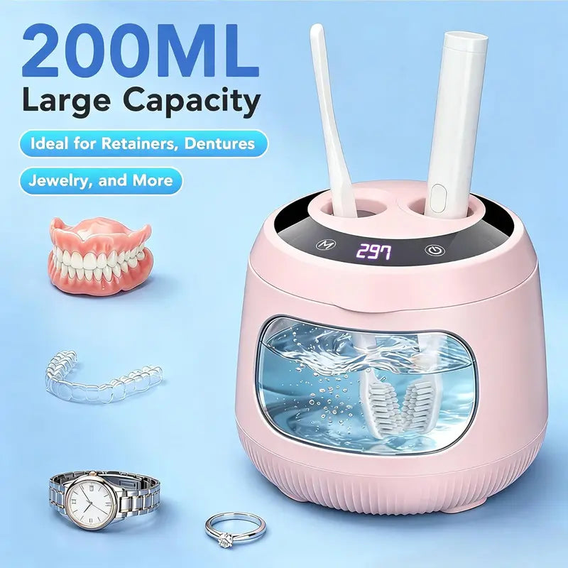 Ultrasonic Denture Cleaner, 48Khz Deep Cleaning Machine with 4 Timed Modes, 200Ml Digital Display for Retainers, Mouth Guards, Braces, Aligners, Toothbrushes, Jewelry, Pink